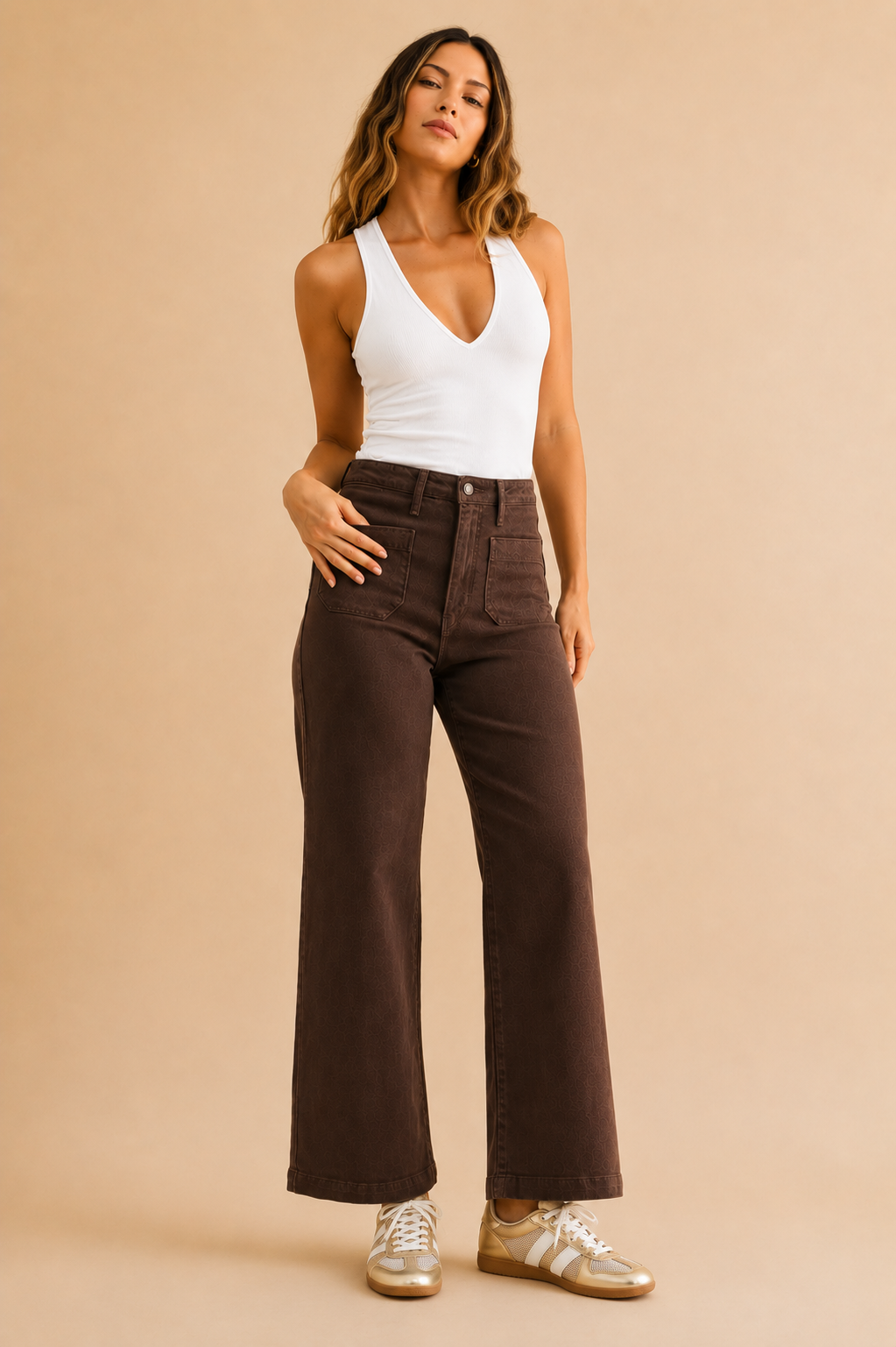 The Raley Dark Brown Patch Pocket Wide Leg Jeans