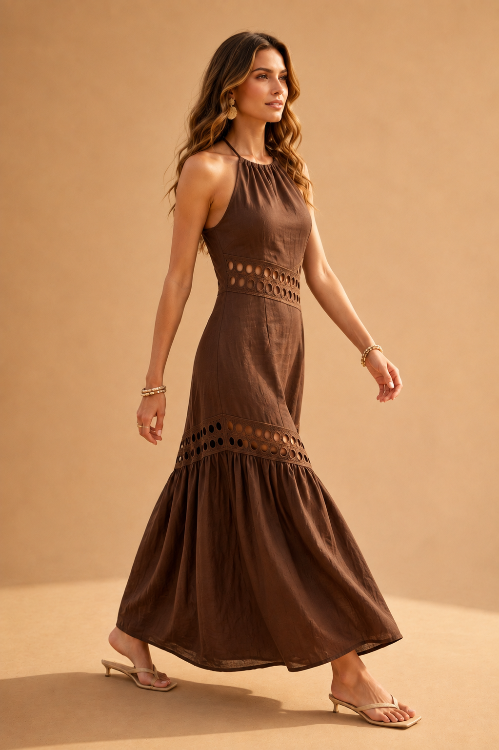 The Elissa Mocha Halter Cutwork Dress