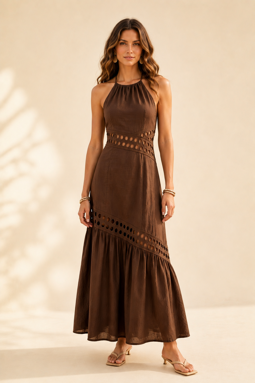The Elissa Mocha Halter Cutwork Dress