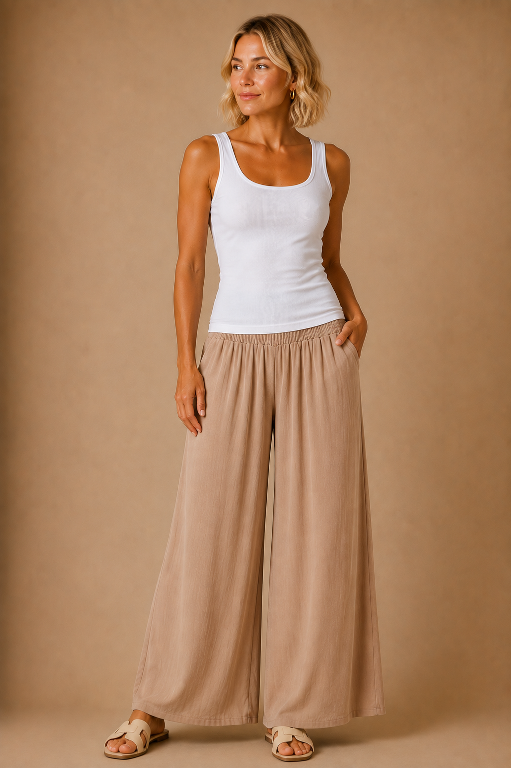 The Amara Taupe Smocked Pants