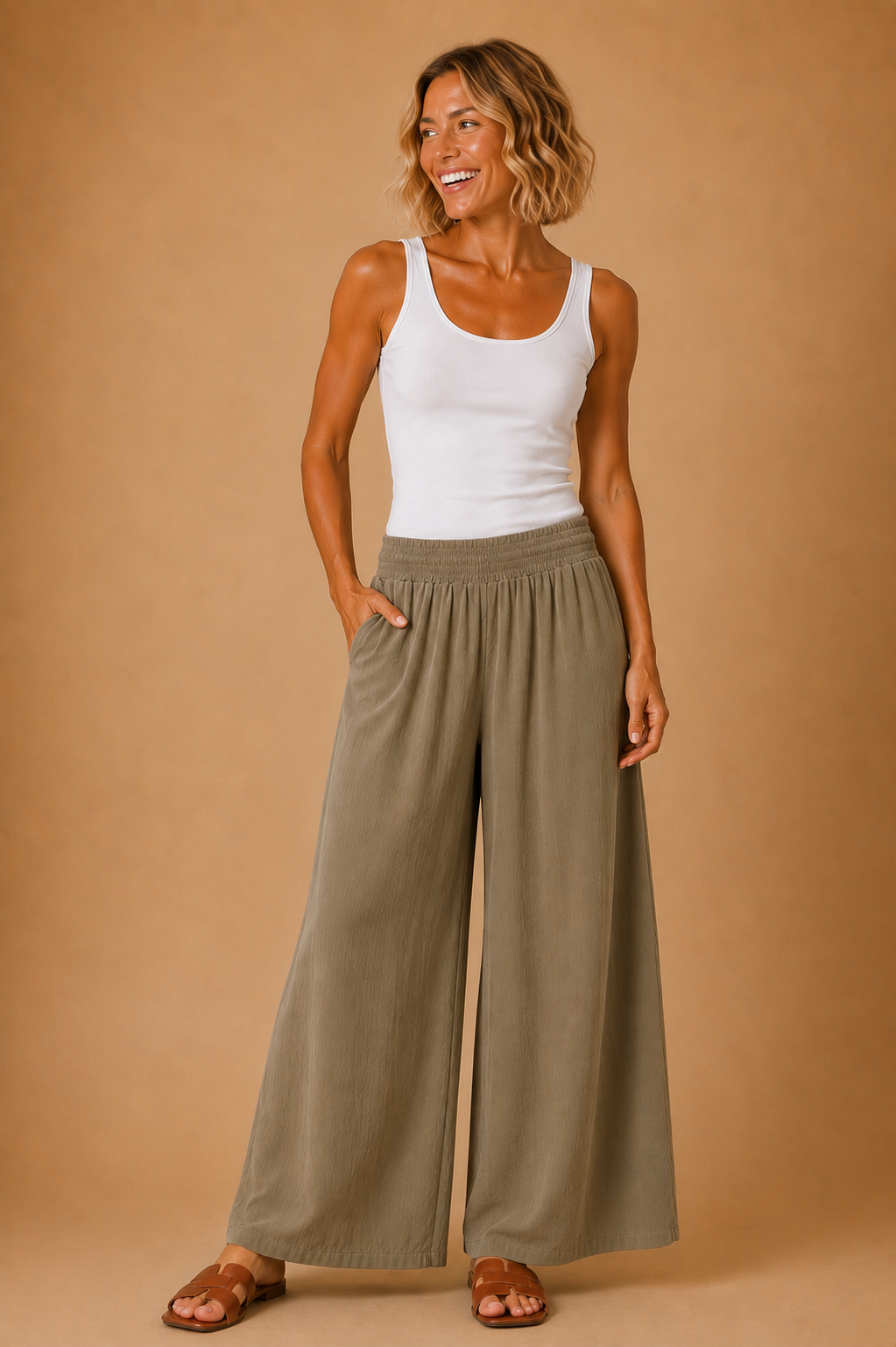 The Amara Vintage Olive Smocked Pants