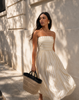 The Lenora Olive Stripe Strapless Midi Dress