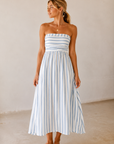 The Lenora Blue Stripe Strapless Midi Dress