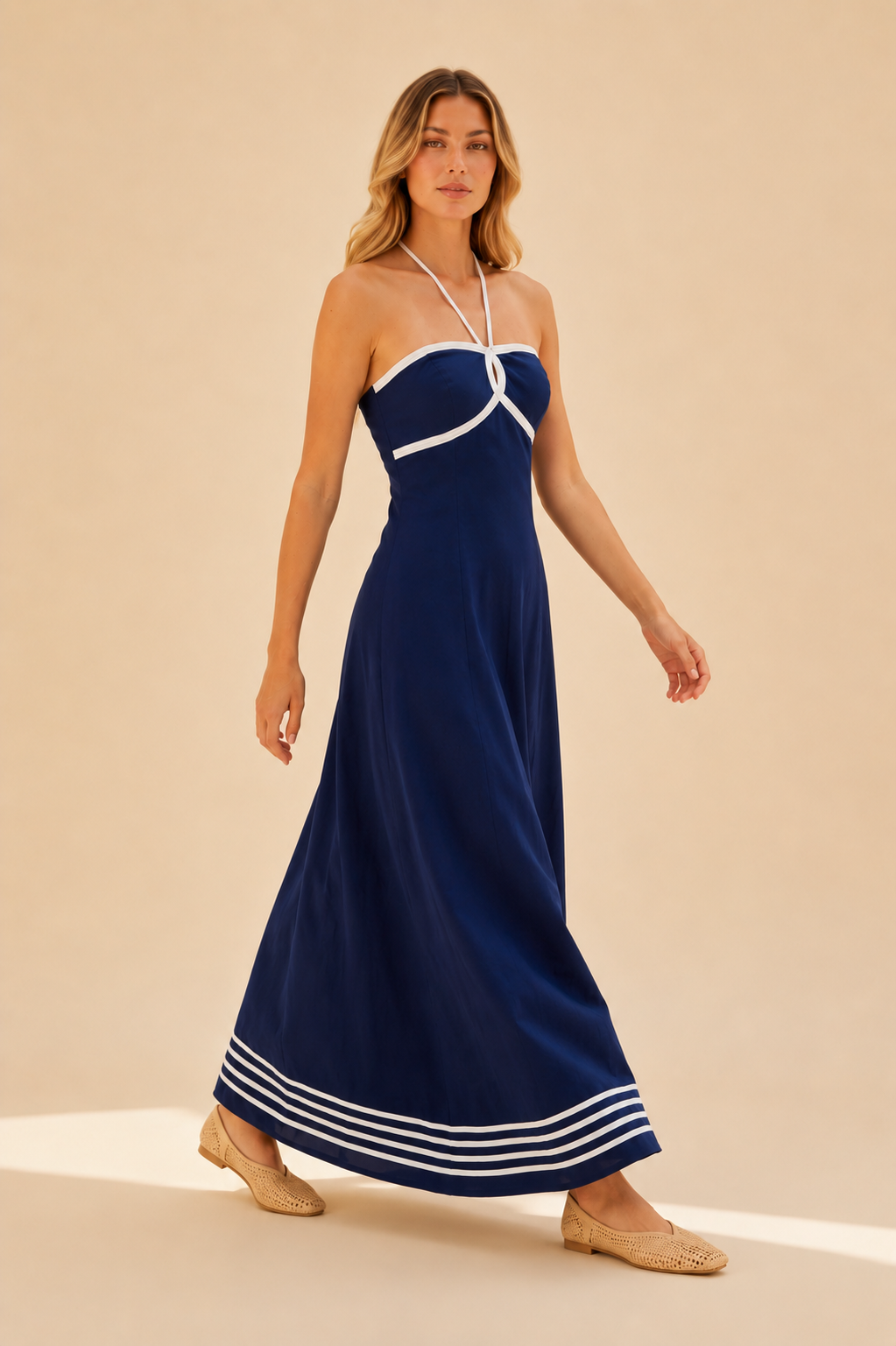 The Thalassa Navy Halter Maxi Dress