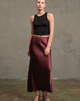 The Emelie Burgundy Satin Midi Skirt