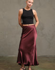 The Emelie Burgundy Satin Midi Skirt