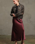The Emelie Burgundy Satin Midi Skirt