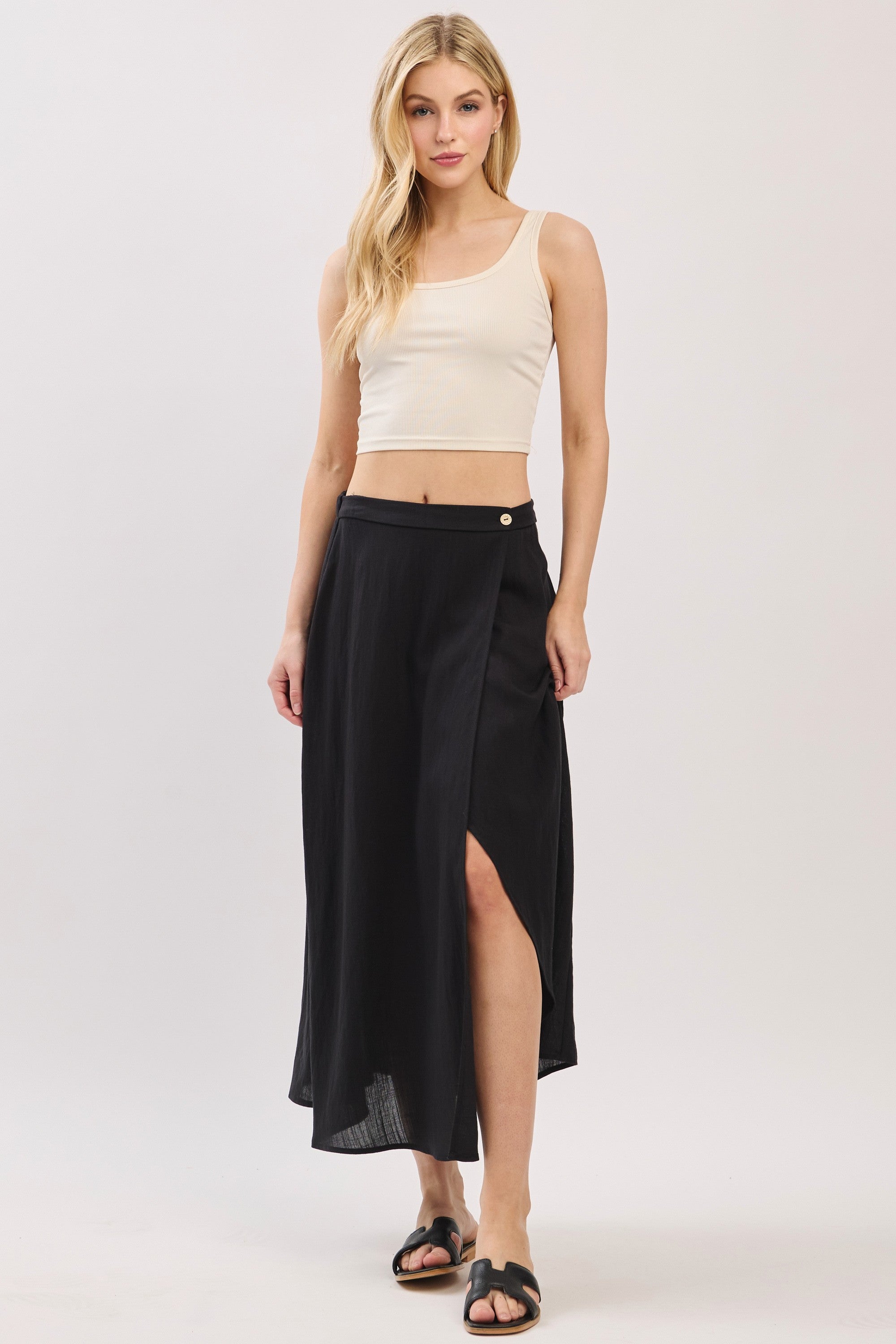 The Emelyn Black Wrap Midi Skirt