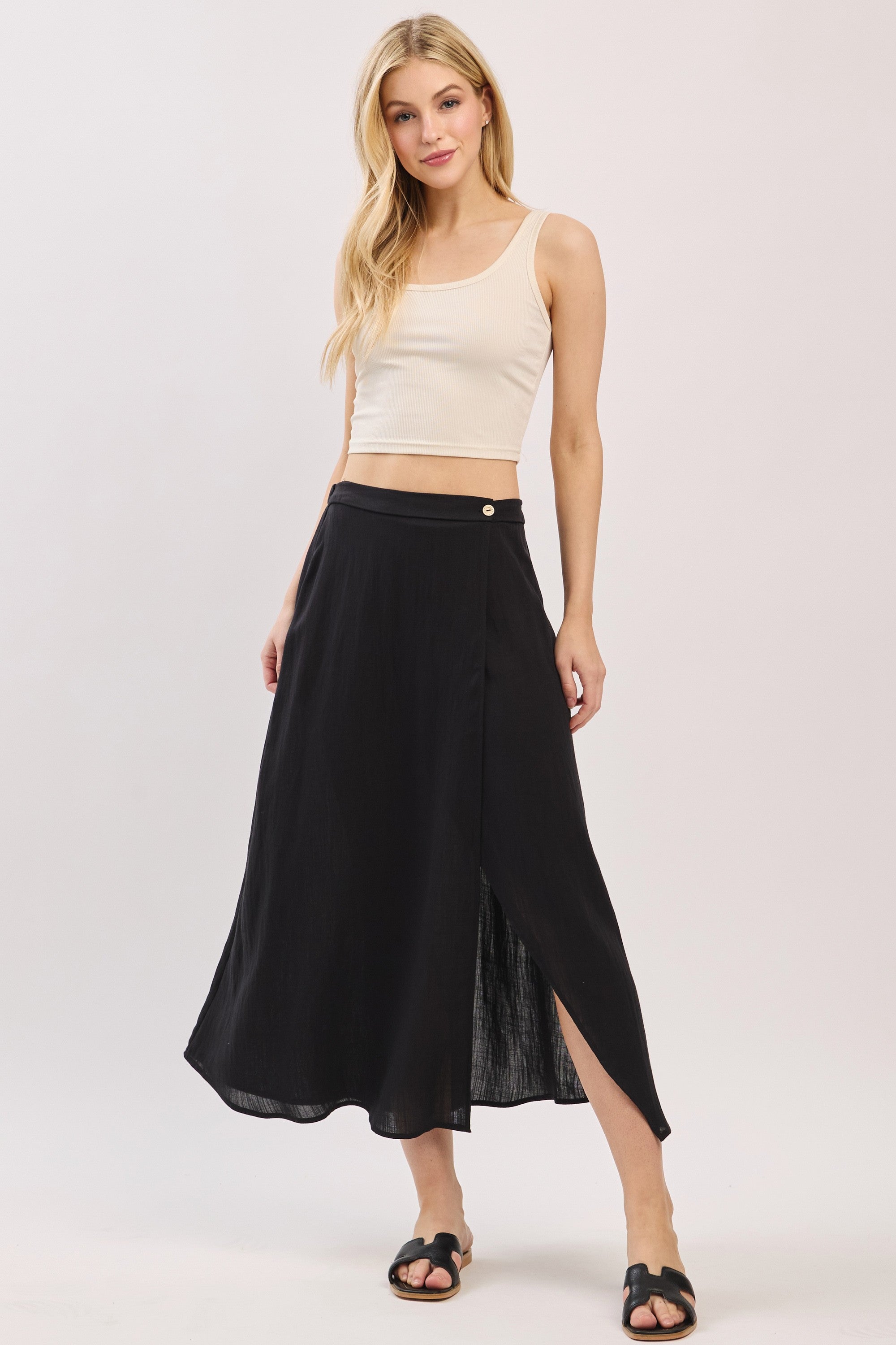 The Emelyn Black Wrap Midi Skirt