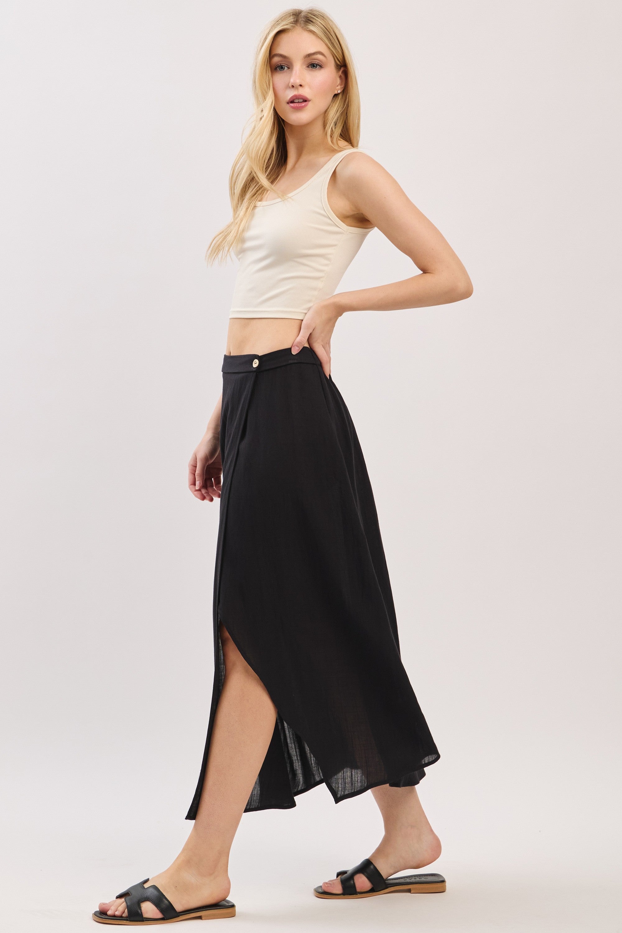 The Emelyn Black Wrap Midi Skirt