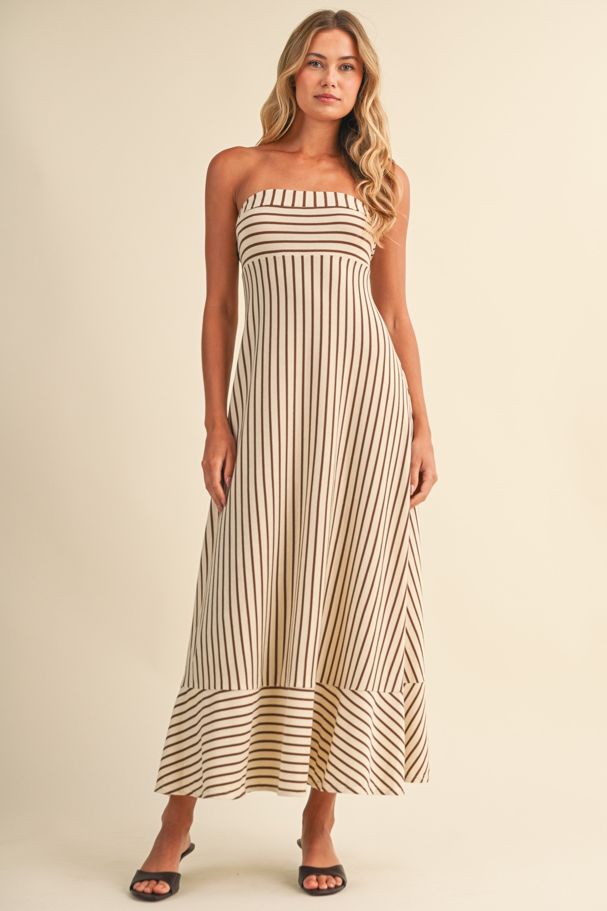 The Romelle Cream Striped Strapless Dress