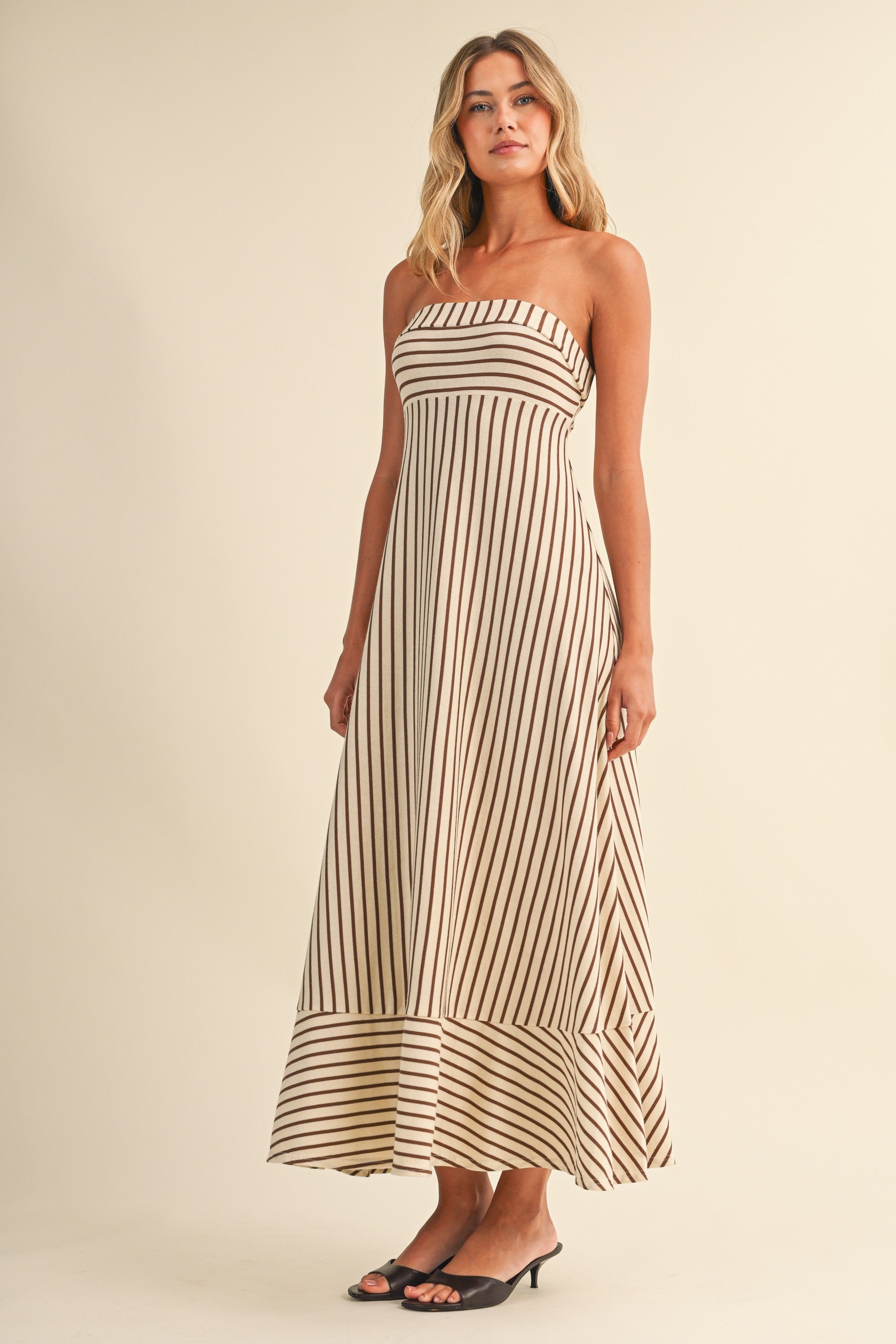 The Romelle Cream Striped Strapless Dress