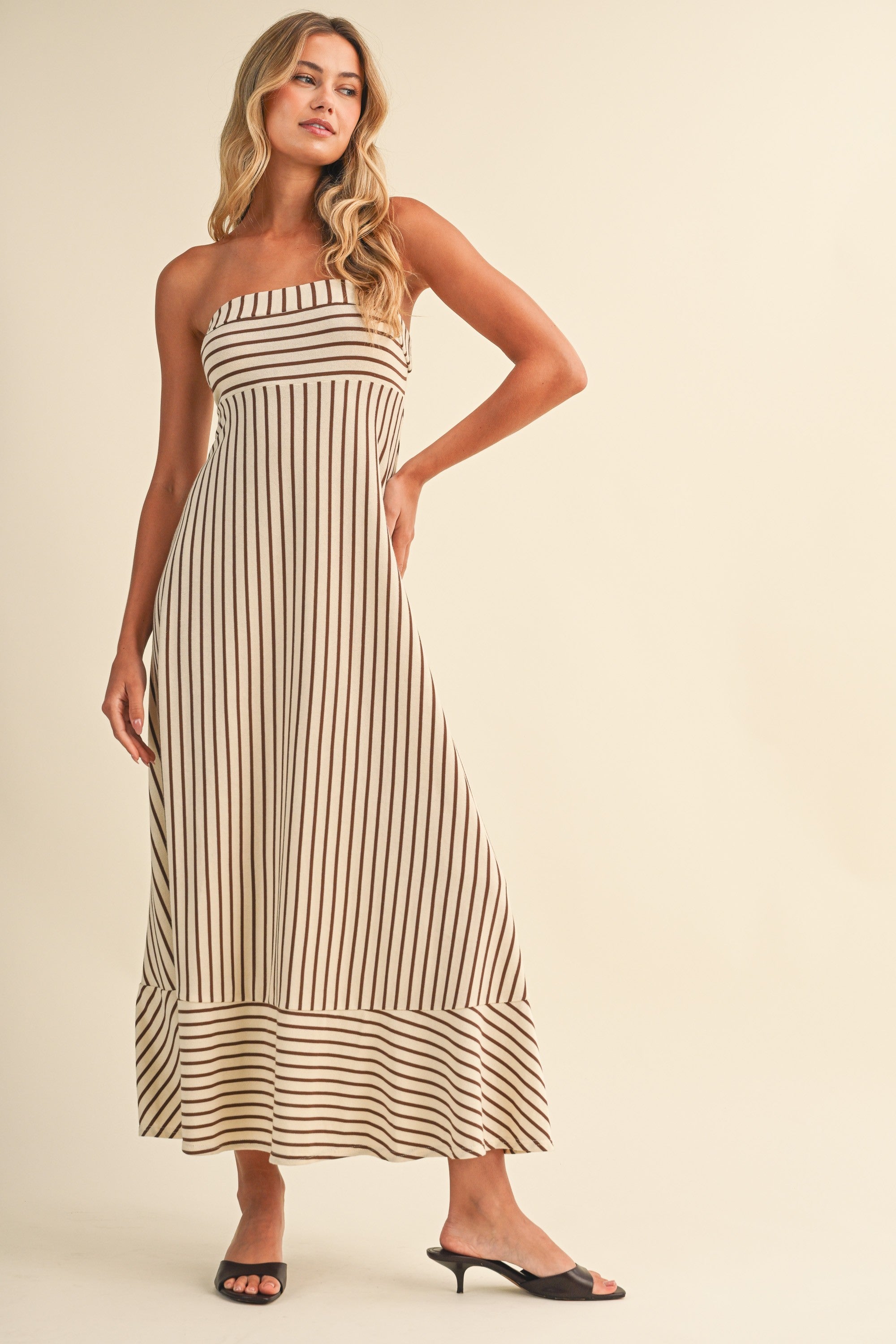 The Romelle Cream Striped Strapless Dress
