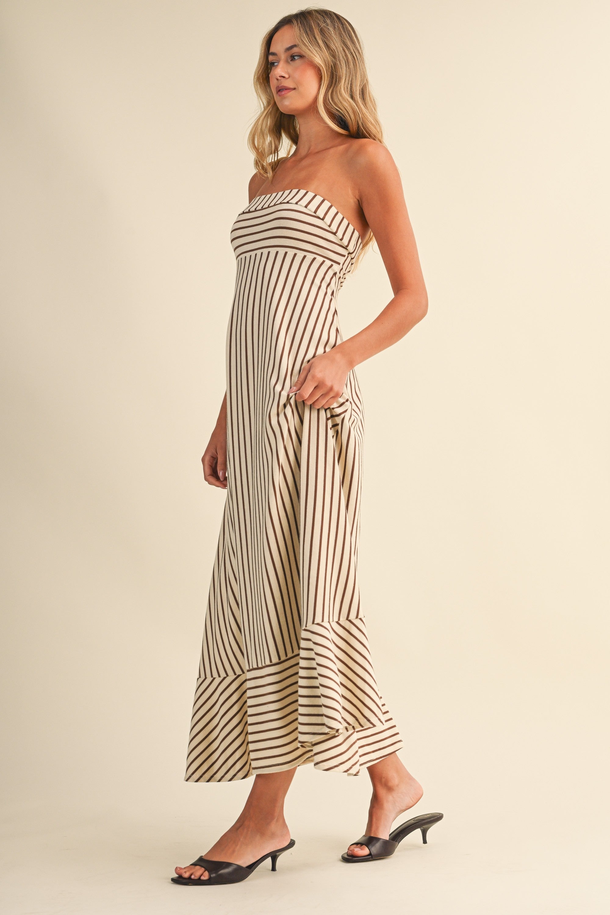 The Romelle Cream Striped Strapless Dress