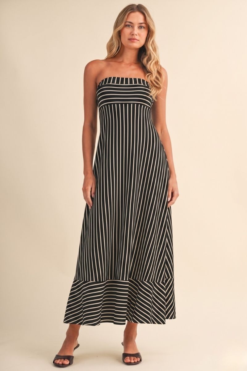 The Romelle Black Striped Strapless Dress