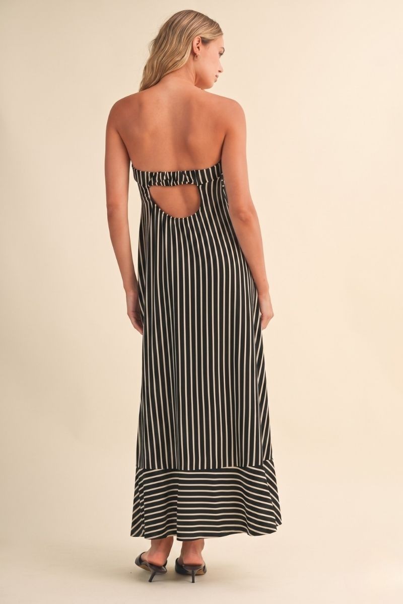 The Romelle Black Striped Strapless Dress