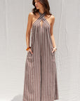 The Haven Brown Striped Halter Jumpsuit