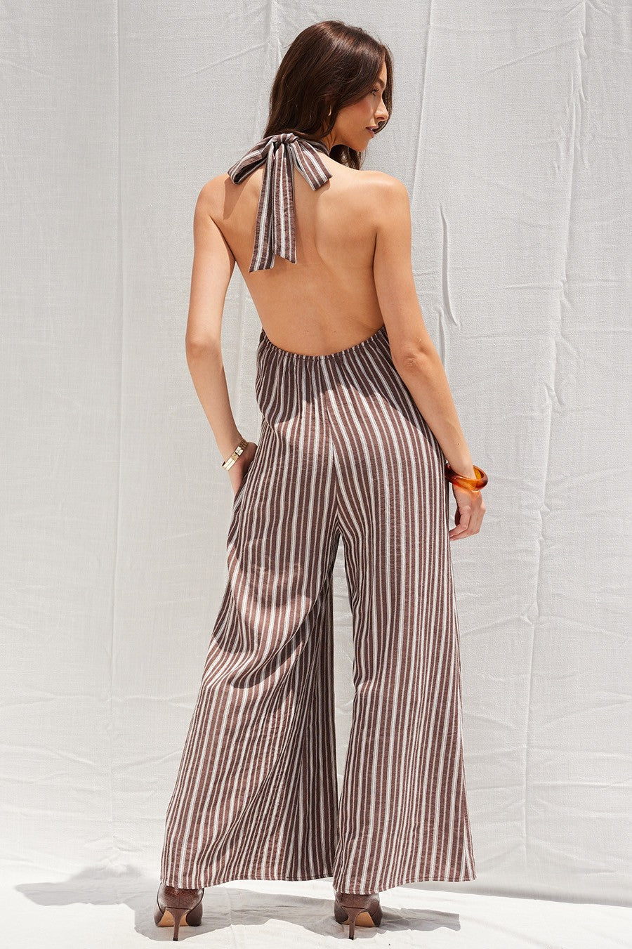 The Haven Brown Striped Halter Jumpsuit