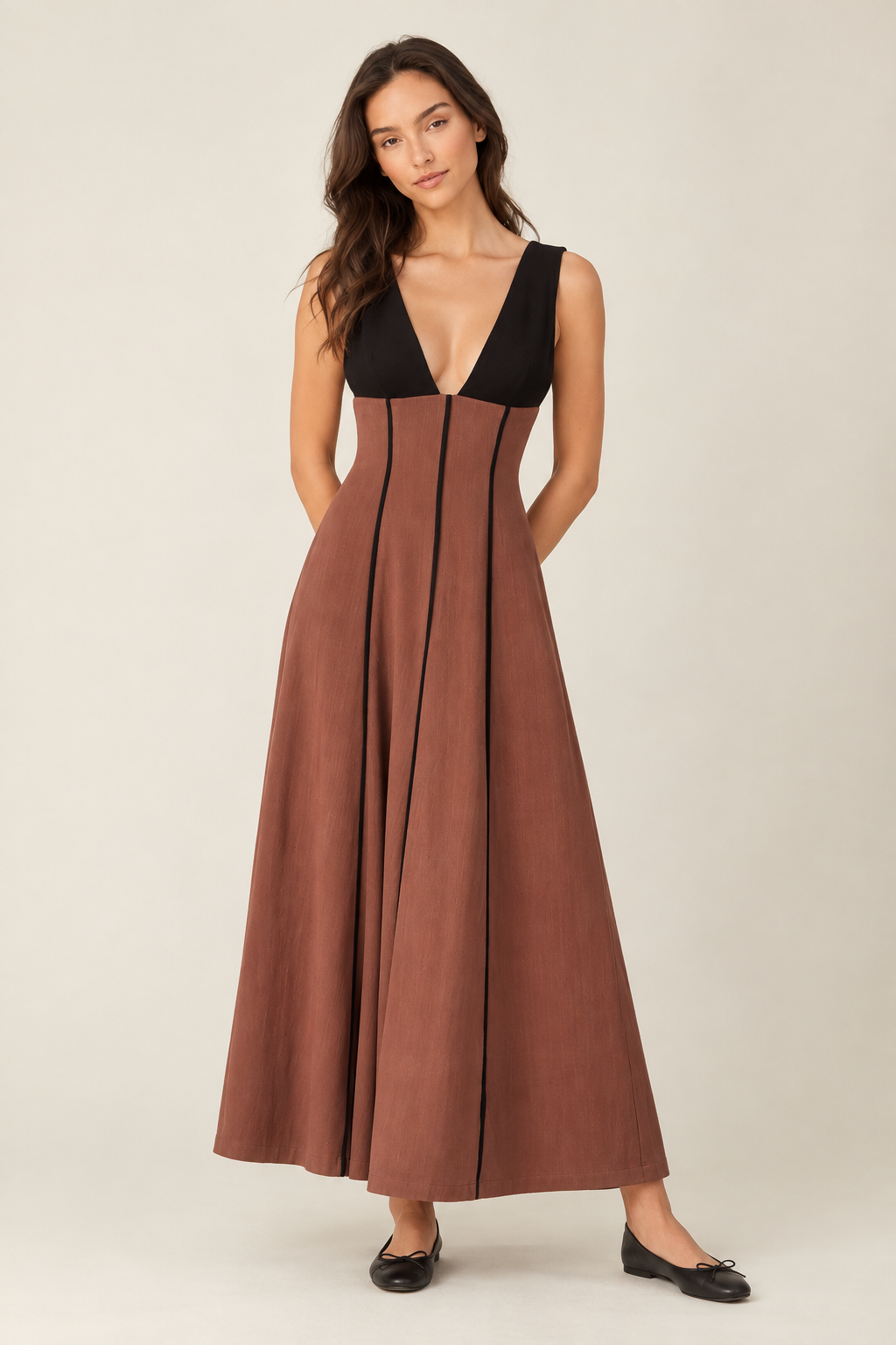 The Soraya Brown Contrast Piping Dress