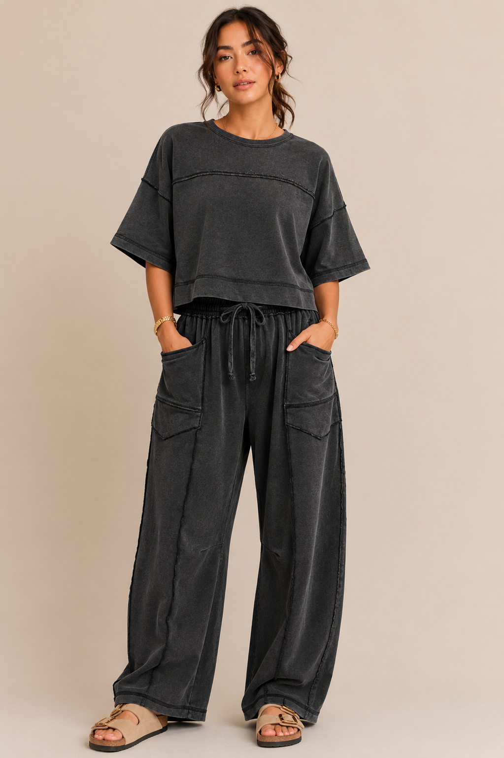 The Neve Washed Black Distressed Top + Pant Set - Sold Separately