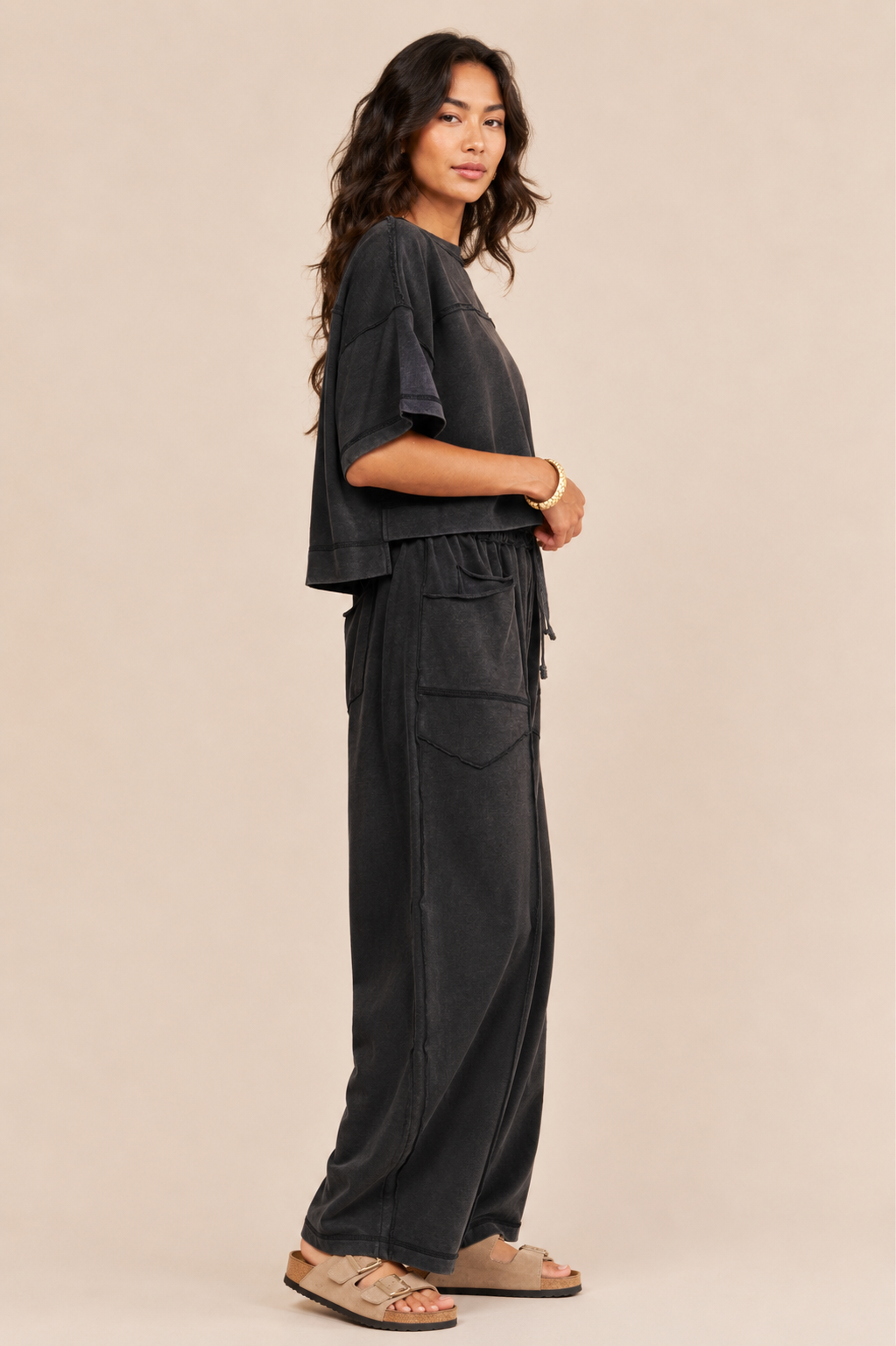 The Neve Washed Black Distressed Top + Pant Set - Sold Separately