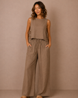The Cara Mocha Side Tie Top + Pant Set - Sold Separately