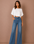 The Maeve Medium Denim Patch Pocket Wide Leg Flare Jeans