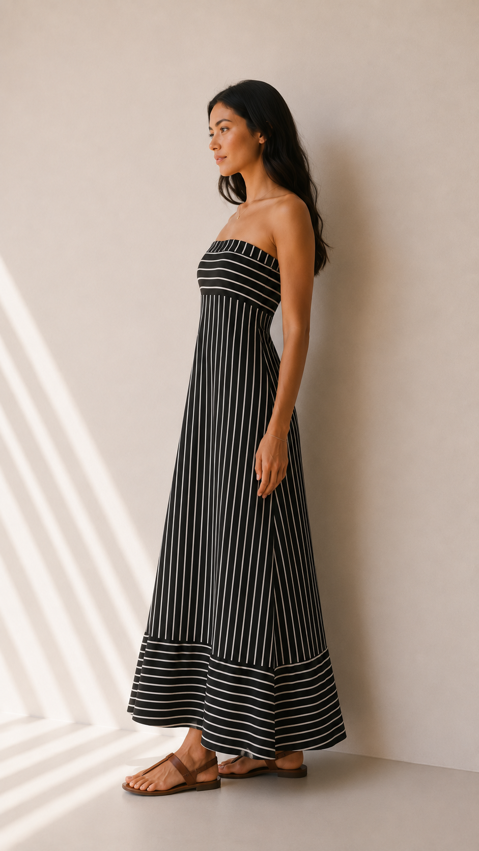 The Romelle Black Striped Strapless Dress