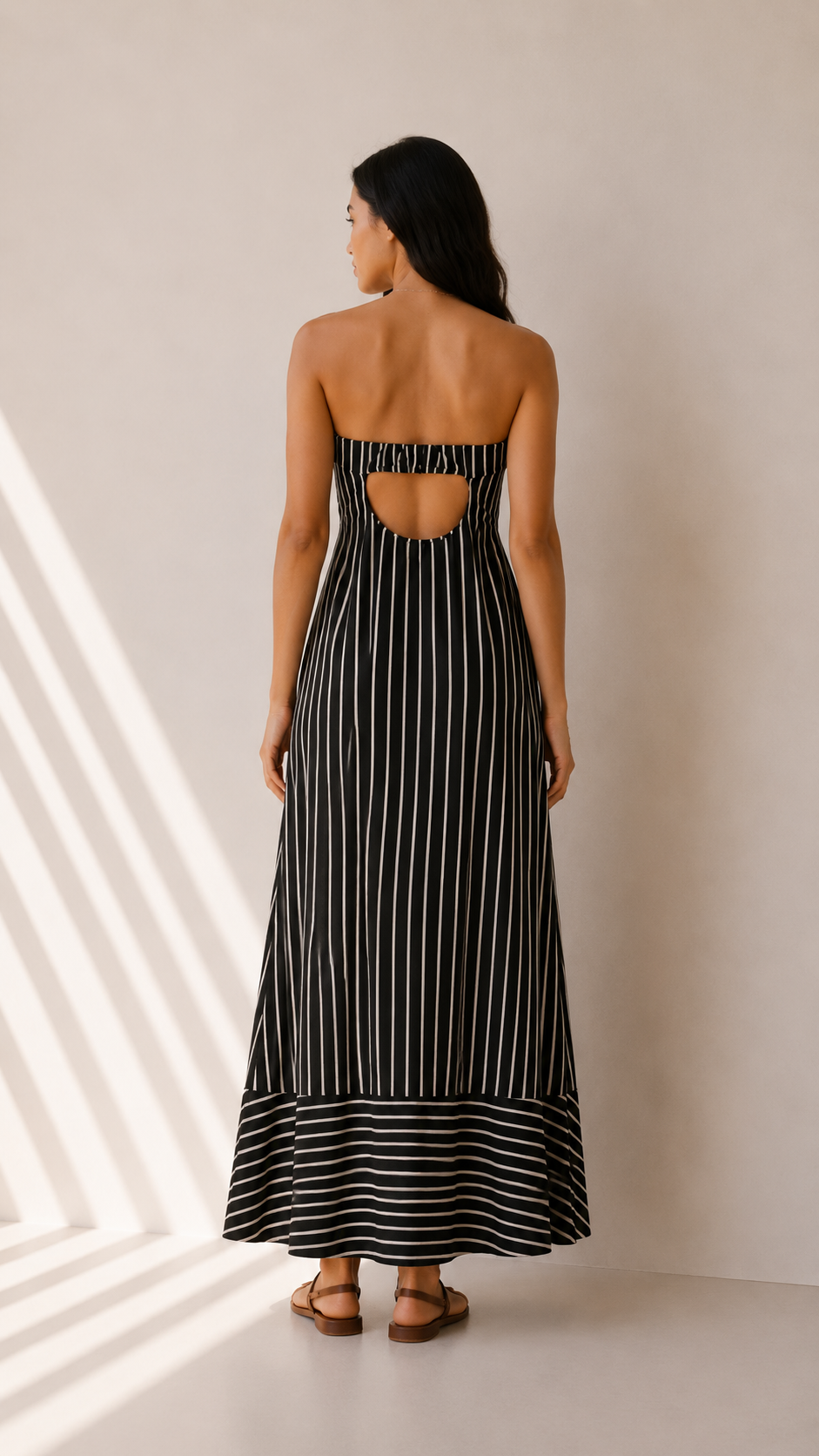 The Romelle Black Striped Strapless Dress