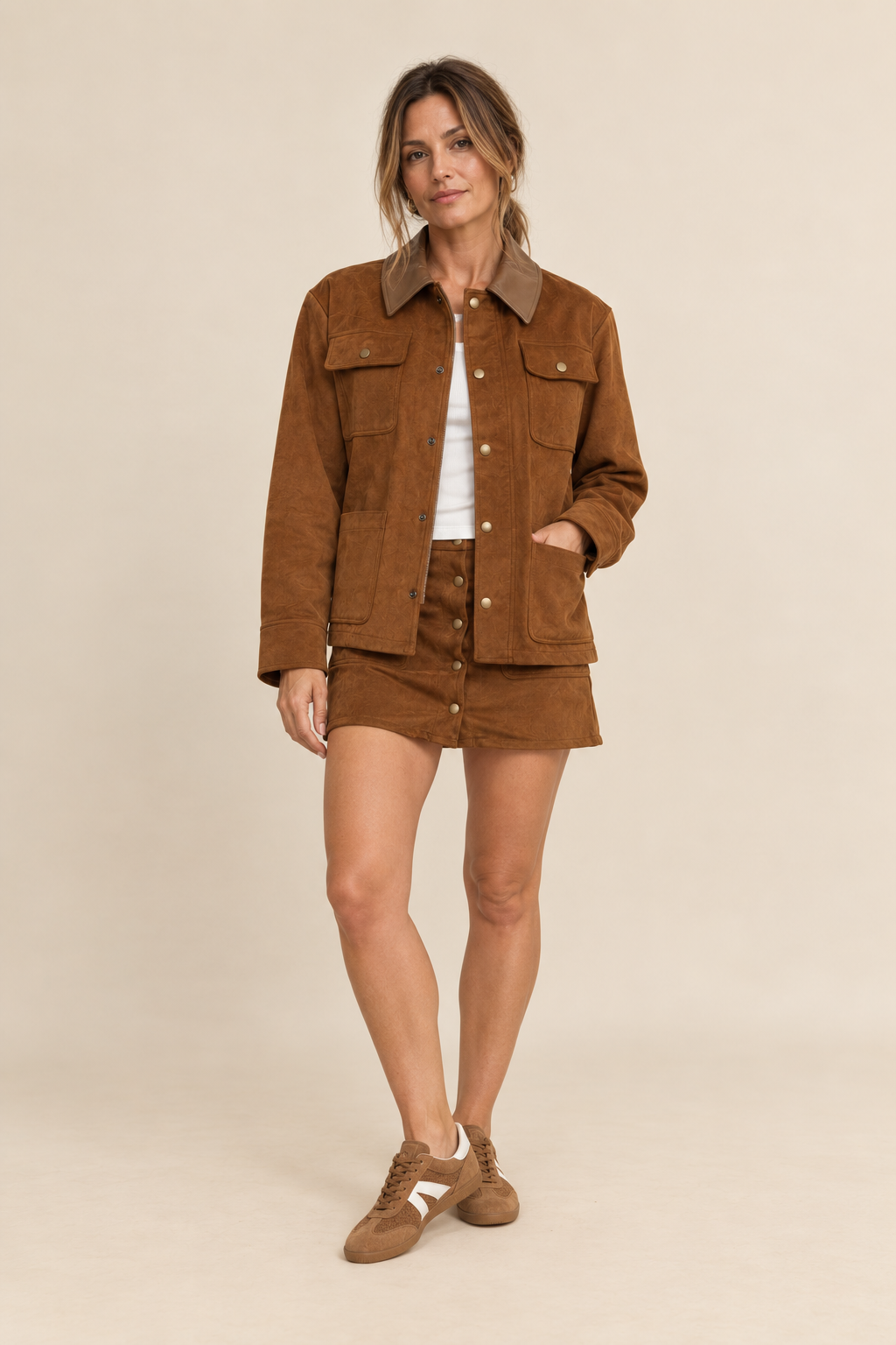 The Jodie Cognac Contrast Jacket + Skirt Set - Sold Separately
