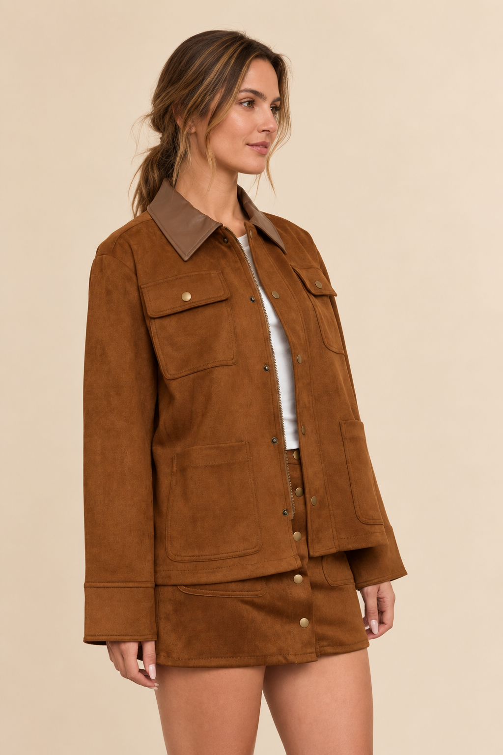 The Jodie Cognac Contrast Jacket + Skirt Set - Sold Separately