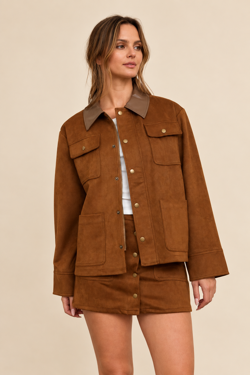The Jodie Cognac Contrast Jacket + Skirt Set - Sold Separately