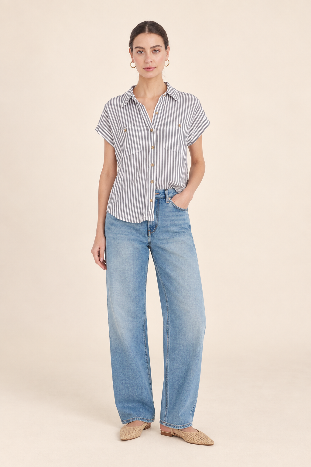 The Rhea Charcoal Striped Button Down Top