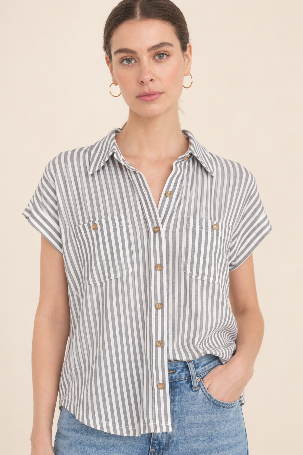 The Rhea Charcoal Striped Button Down Top