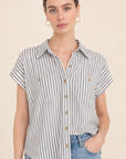 The Rhea Charcoal Striped Button Down Top