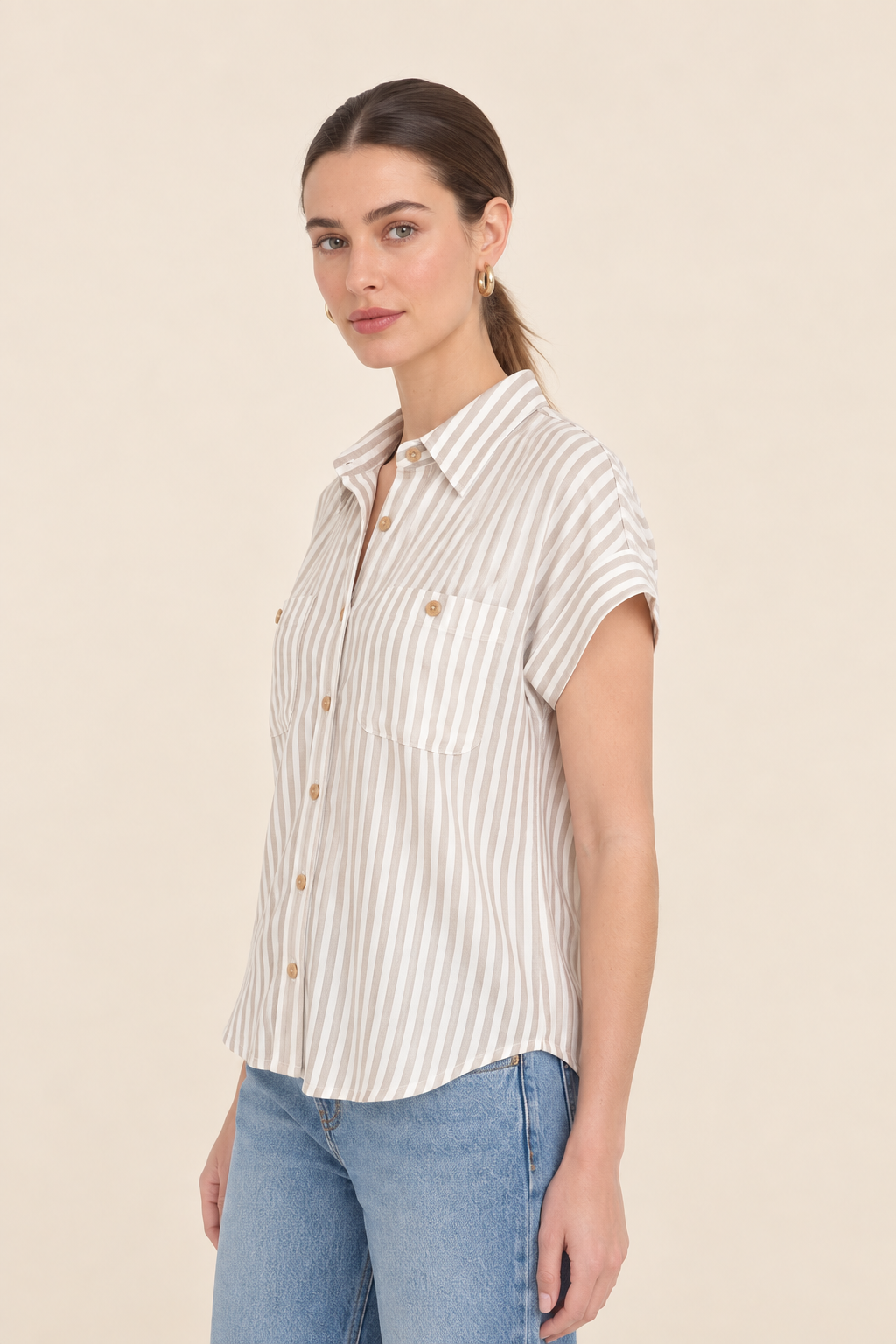 The Rhea Mocha Striped Button Down Top