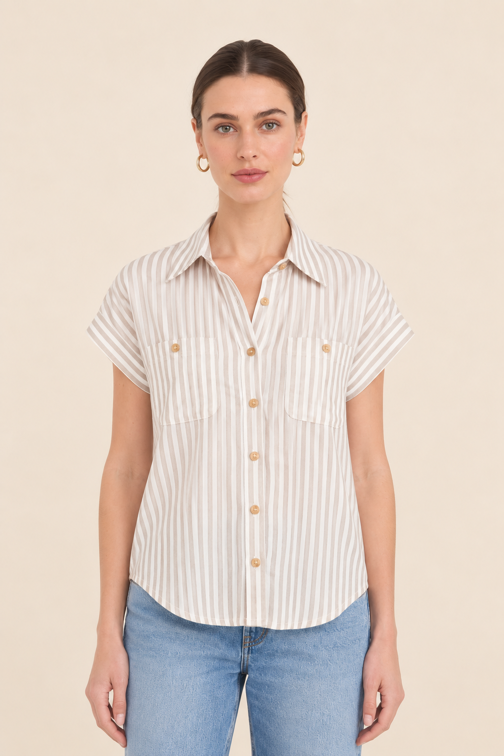 The Rhea Mocha Striped Button Down Top