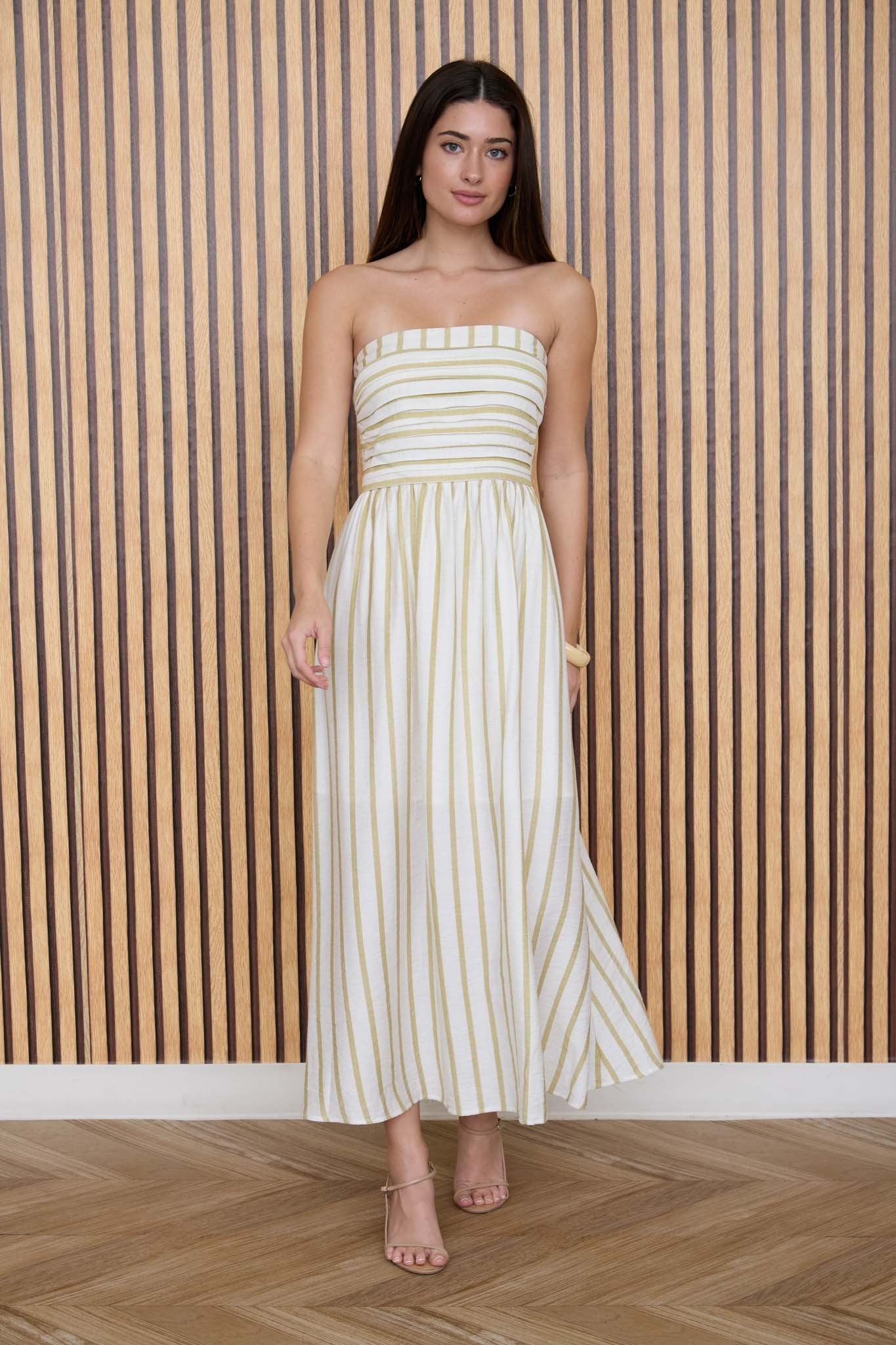 The Lenora Olive Stripe Strapless Midi Dress