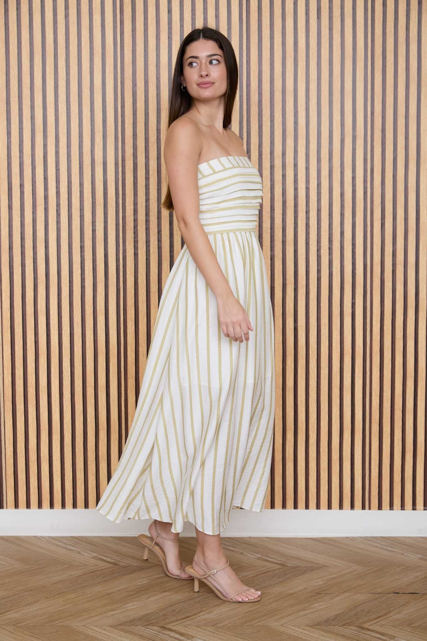 The Lenora Olive Stripe Strapless Midi Dress