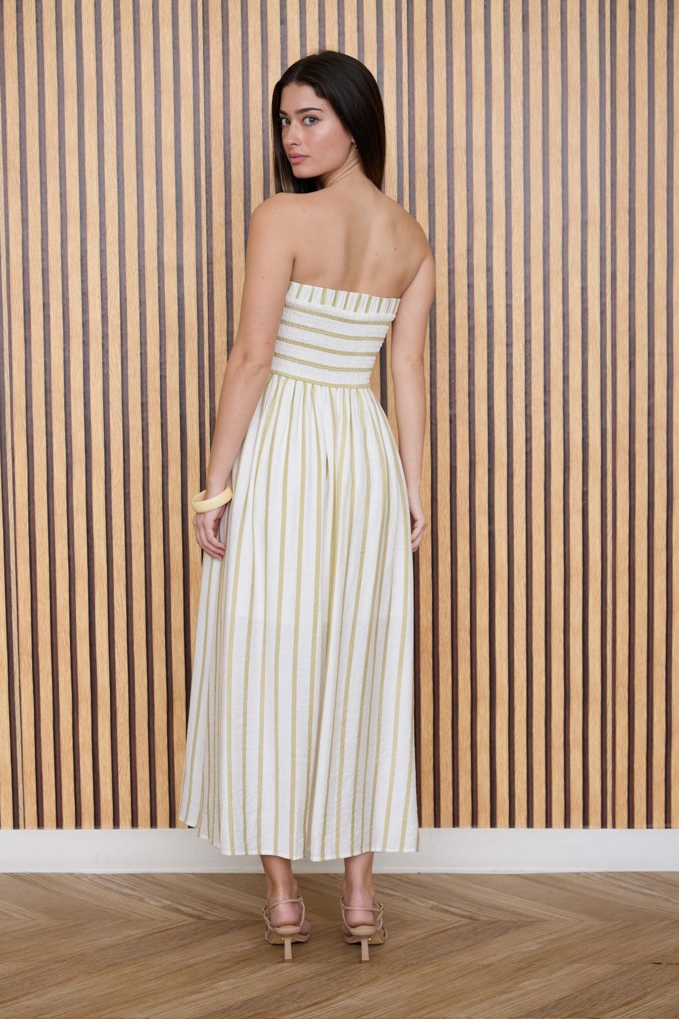 The Lenora Olive Stripe Strapless Midi Dress