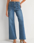 The Maeve Medium Denim Patch Pocket Wide Leg Flare Jeans
