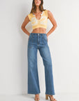 The Maeve Medium Denim Patch Pocket Wide Leg Flare Jeans