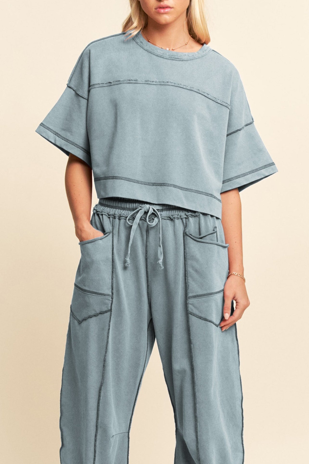 The Neve Distressed Top + Pant Set - Sold Separately