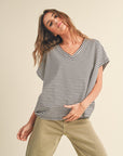 The Nico Striped Charcoal V-Neck Top