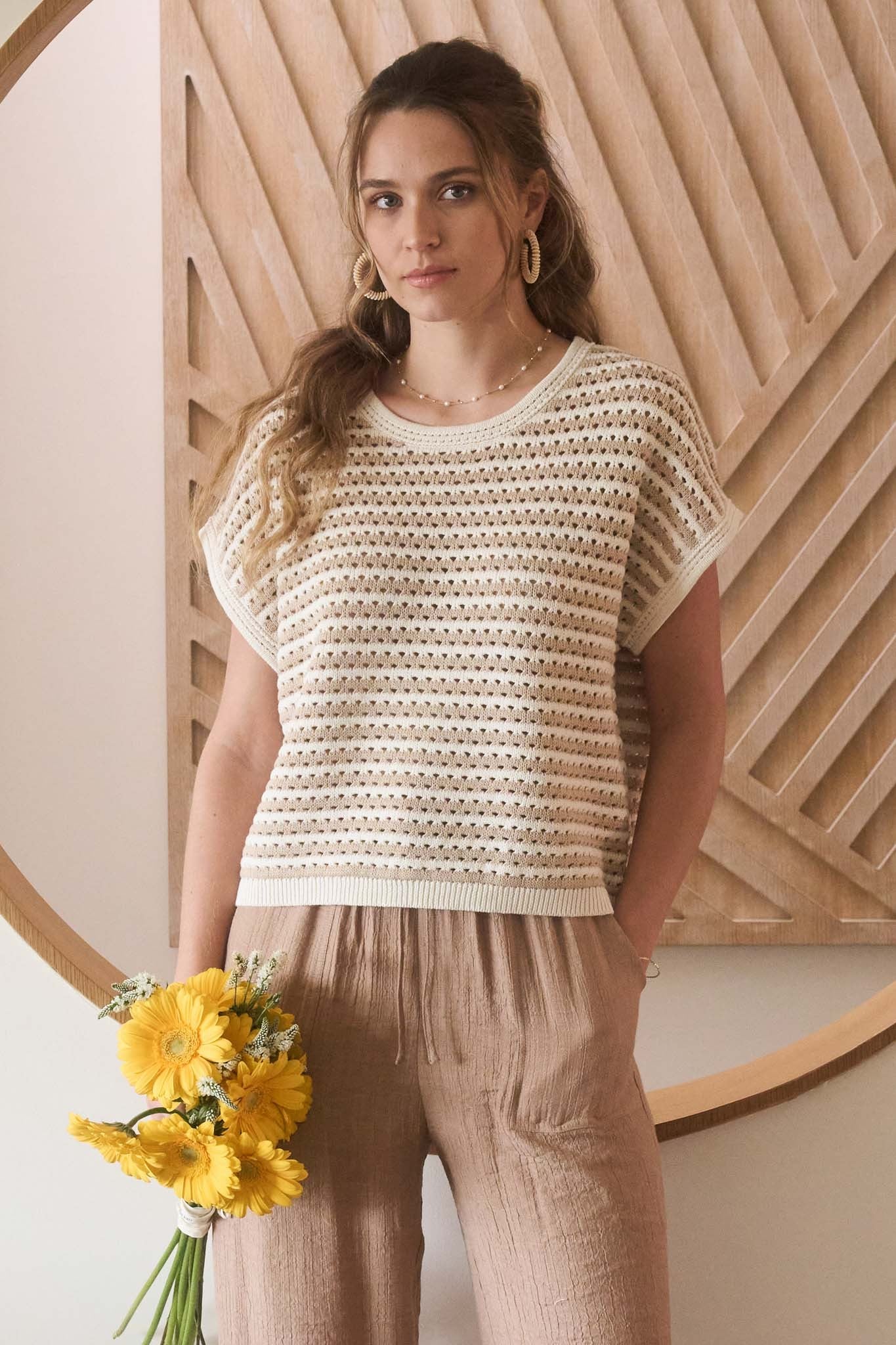 The Randie Khaki Stripe Crochet Sweater