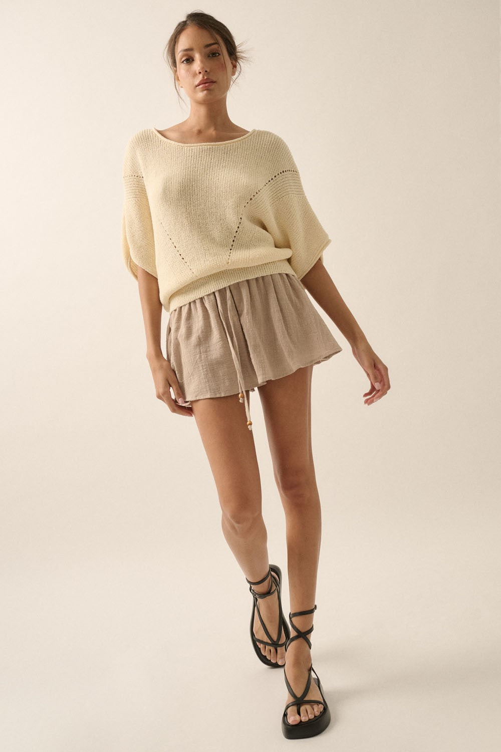 The Remy Cream Pointelle Ribbed Knit Sweater