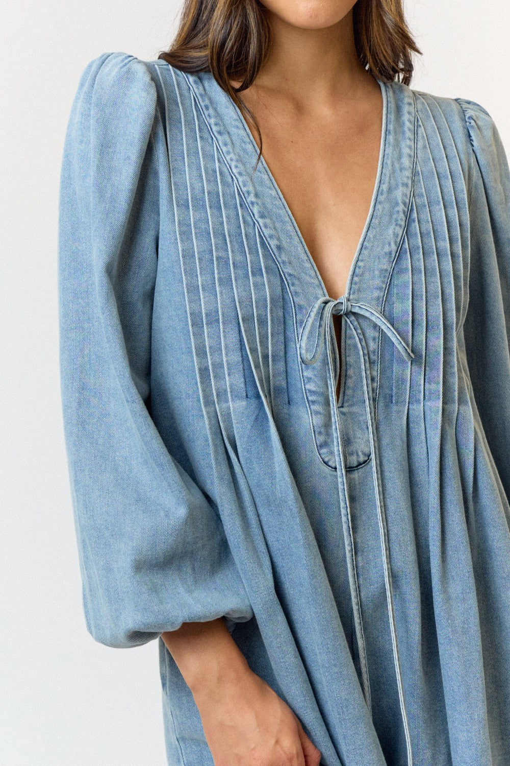 The Reverie Medium Wash Pleated Denim Romper