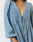 The Reverie Medium Wash Pleated Denim Romper