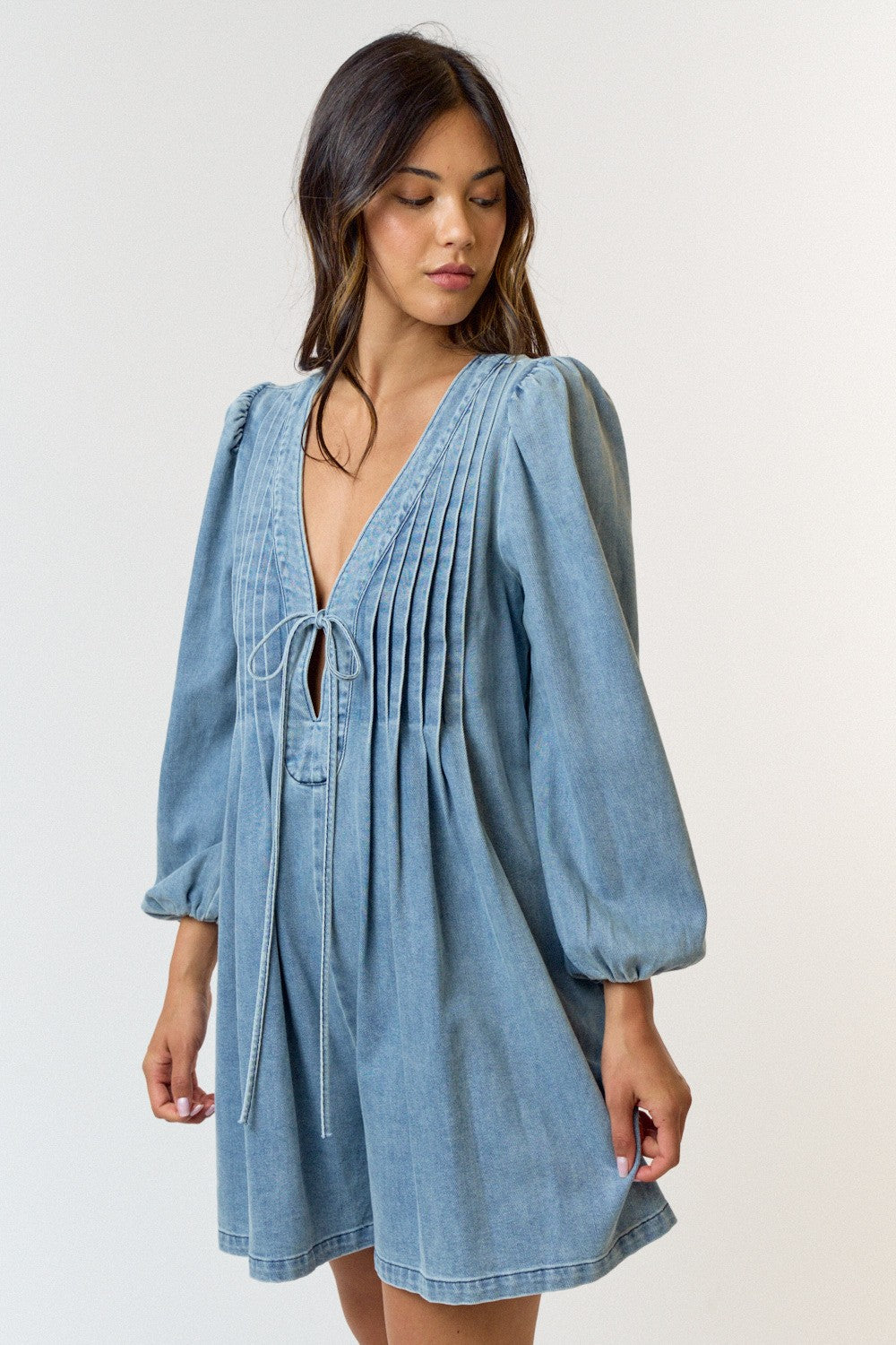 The Reverie Medium Wash Pleated Denim Romper