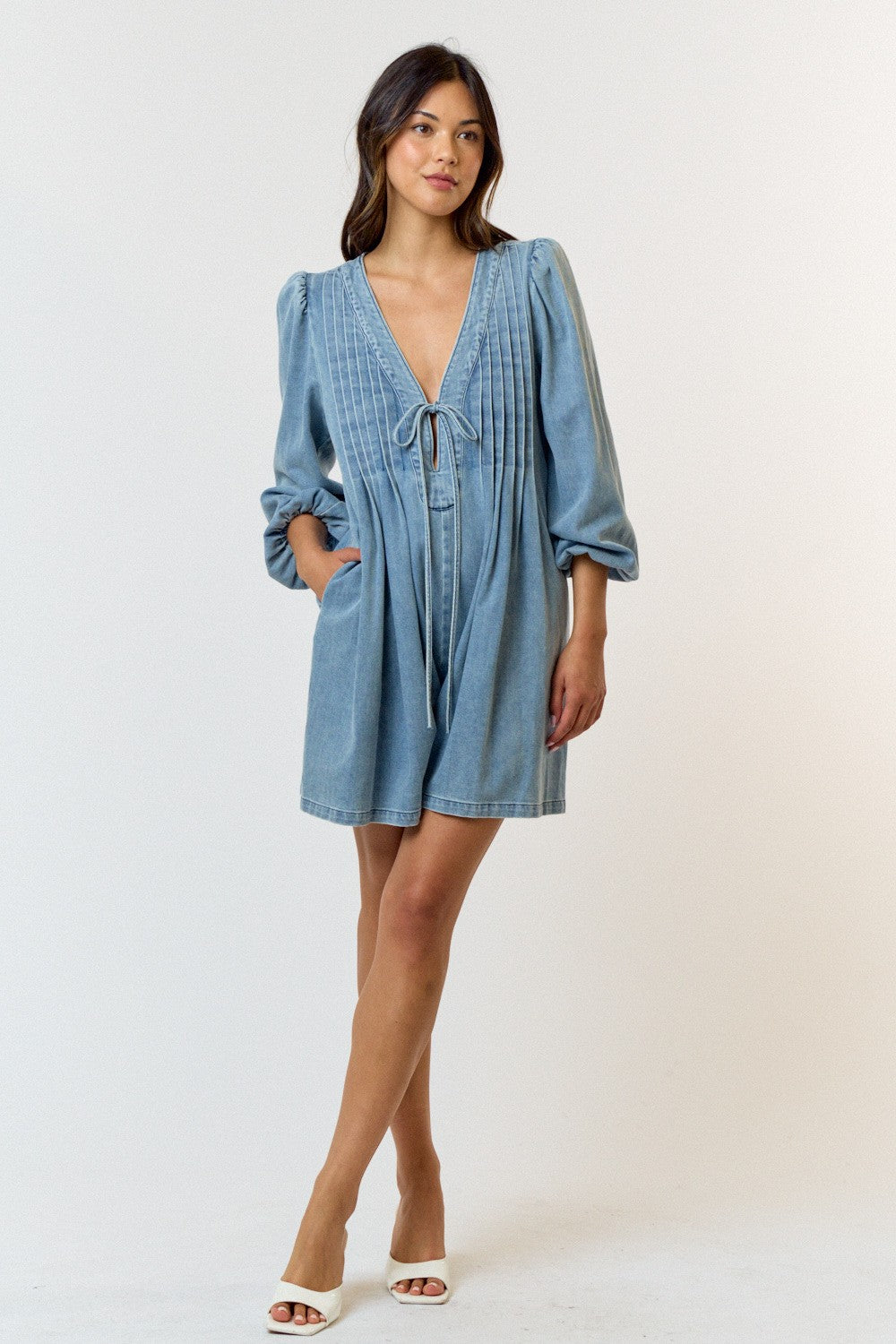 The Reverie Medium Wash Pleated Denim Romper